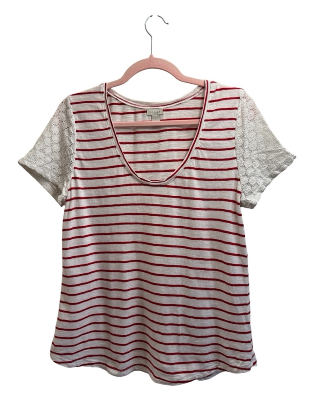 Hinge Red and White Lace Sleeve Striped T Shirt